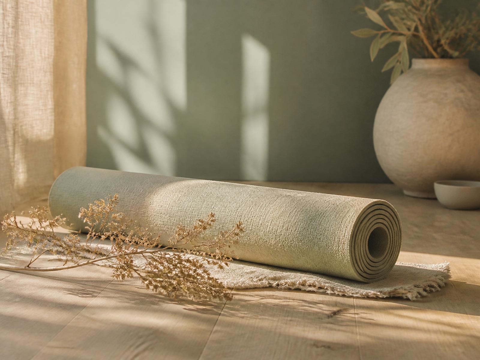 Ein aufgerollter Yogamatte im warmen Morgenlicht